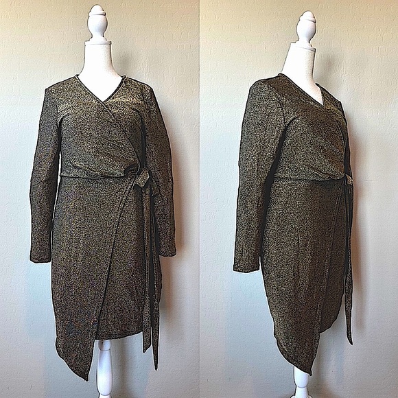 SHEIN Gold Metallic Faux Wrap Dress - Picture 3 of 9